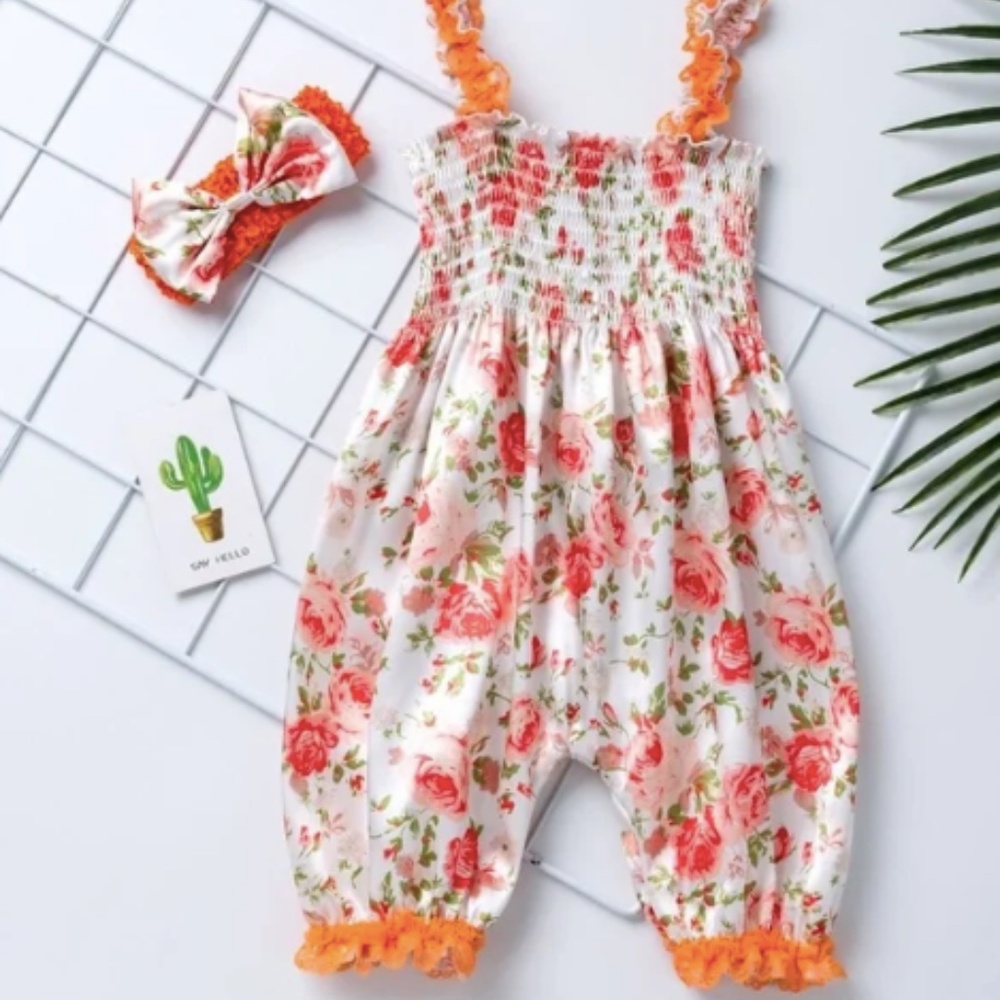 Orange Floral Baby Romper w/ matching headband